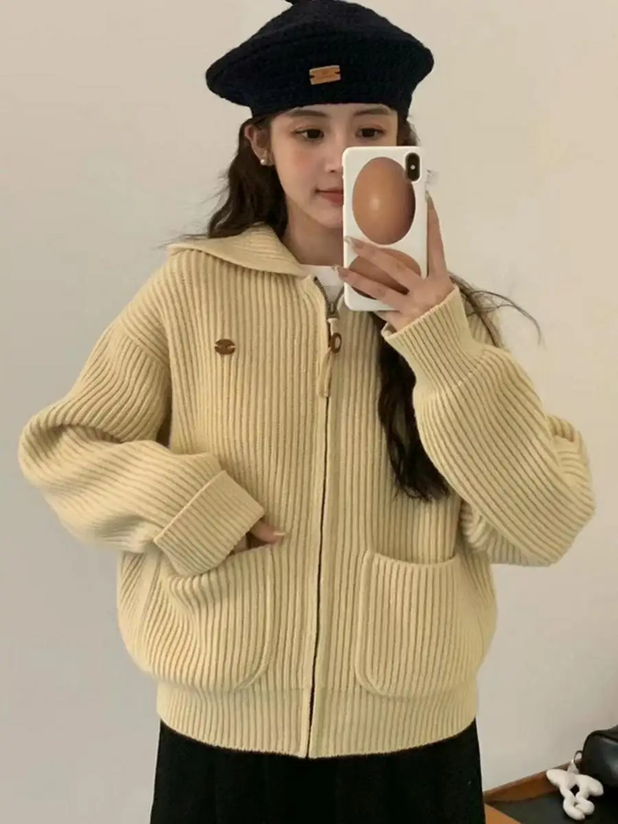 

Вязаный кардиган Dongda Gate Egg Thiened с капюшоном на молнии, антивозрастной, из шерсти, в полоску, однотонный, с длинными рукавами