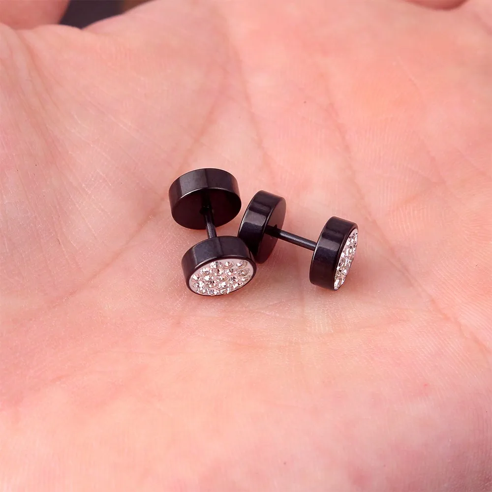 1pair Fashionable Cubic Zirconia Inlaid Stainless Steel Dumbbell Men\'s Stud Earrings