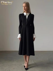 Clacive Fashion Loose Black Women's Dress Elegant Lapel Long Sleeve Office Midi Dresses Casual Classic Patchwork Female Dress