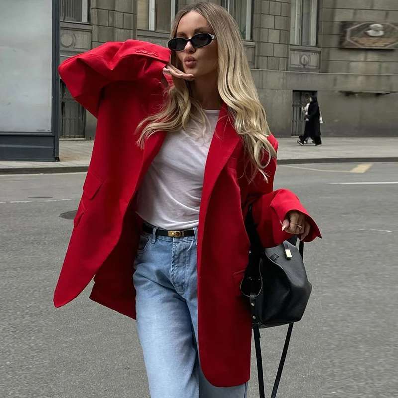 DGLUKE Red Oversized Blazer Woman 2024 New In Coats and Jackets Single Breasted Loose Casual Blazer For Women Autumn Outerwear