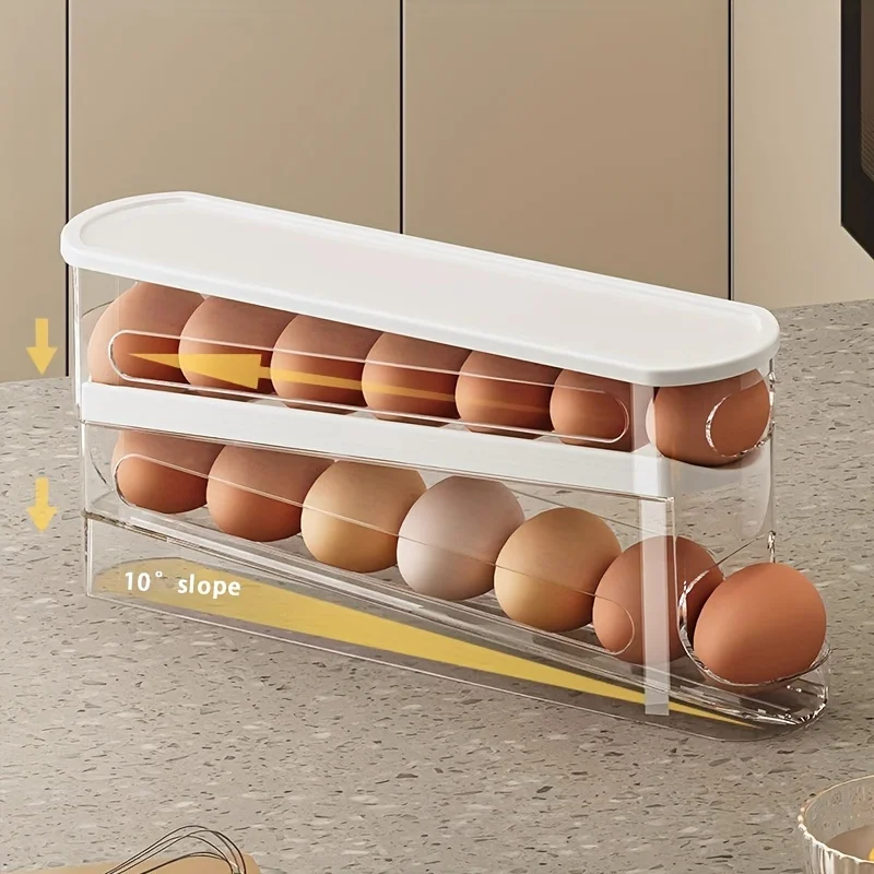 Bilayer Fridge Egg Storage Box Ladder Style Automatic Rolling Egg Holder Rack Refrigerator Dispenser Egg Organizer