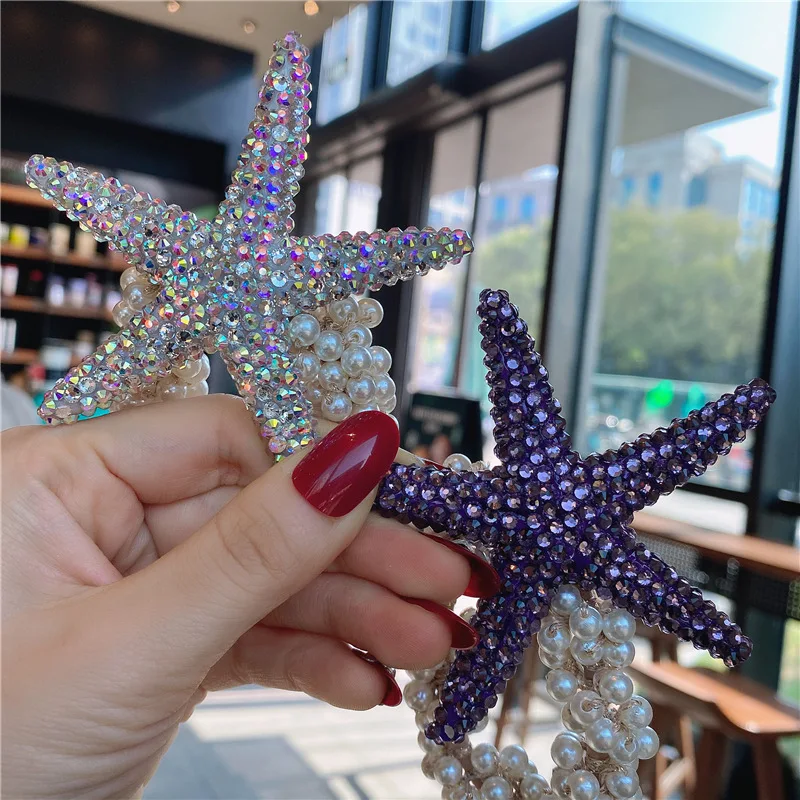 New Colored Starfish Star Rhinestones Elastic Hair Bands Headdress New Shiny Star Hair Ties Ponytail Holders Girls Headdress