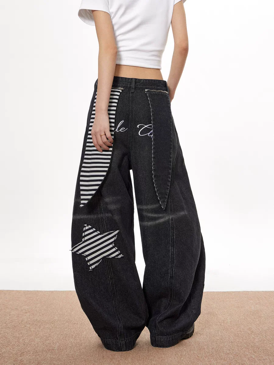 Frauen Schwarz Goth Y2k Kaninchen Jeans Vintage Harajuku Emo Baggy Star Jean Hosen Grunge Denim Hosen Japanische 2000er Jahre Stil Kleidung