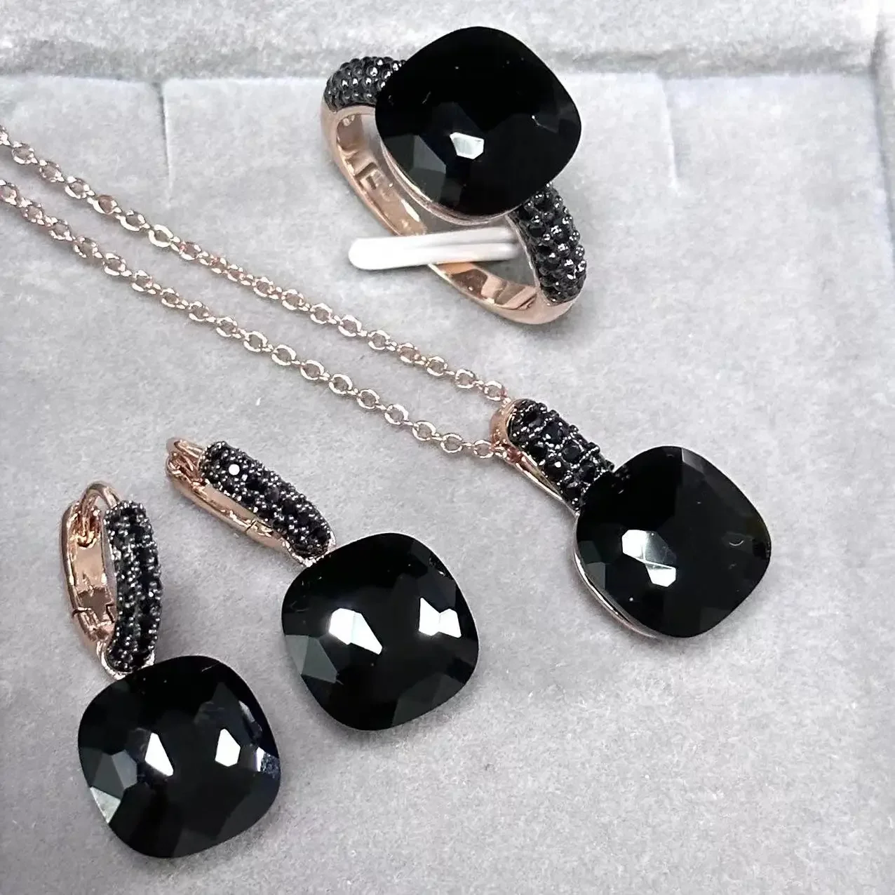 3Pcs/Set 12.6mm Ring Earrings Necklace Set Inlay Black Zircon with Gun Black Plated Square Candy Crystal Jewelry Set