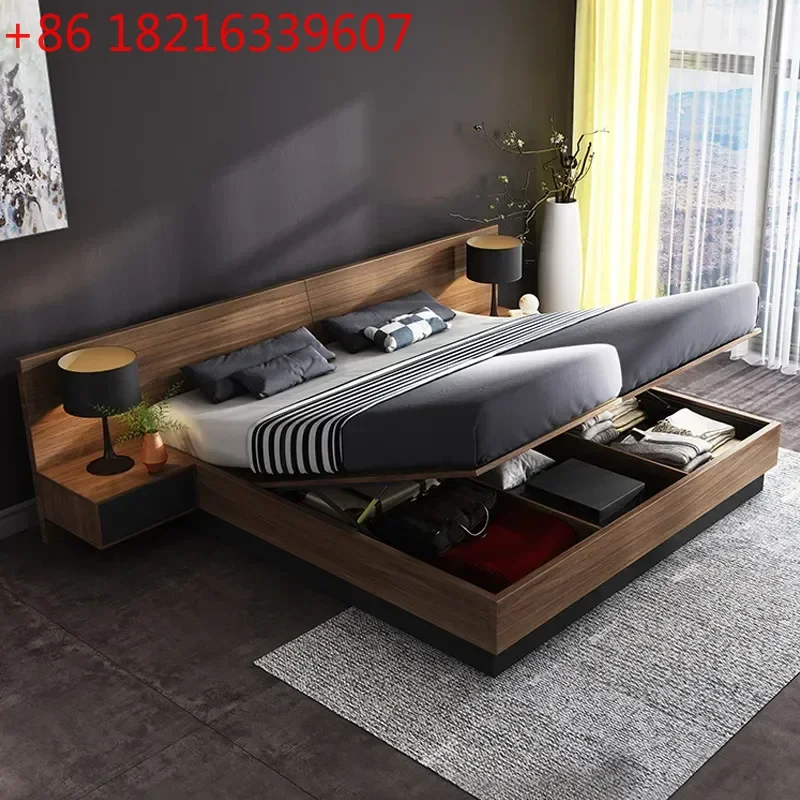 YAO Japanese Style Storage Bed 1.8m Double Wooden Bed Simple Master Bedroom Nordic Apartment Homestay Tatami Platform Bed Frame