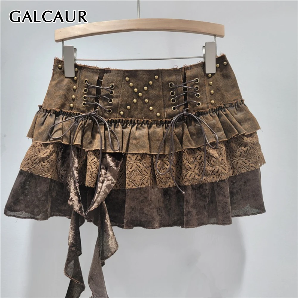 

GALCAUR Solid Spliced Bandage Punk Style Skirt Female High Waist American Retro Patchwork Lace Women's Skirts Autumn Fashion New