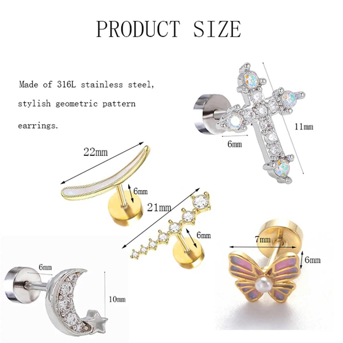 2Pcs 16G Fashion 316L Stainless Steel Cartilage Stud Earrings,Butterfly Moon Cross CZ Tragus Helix Conch Piercing Jewelry