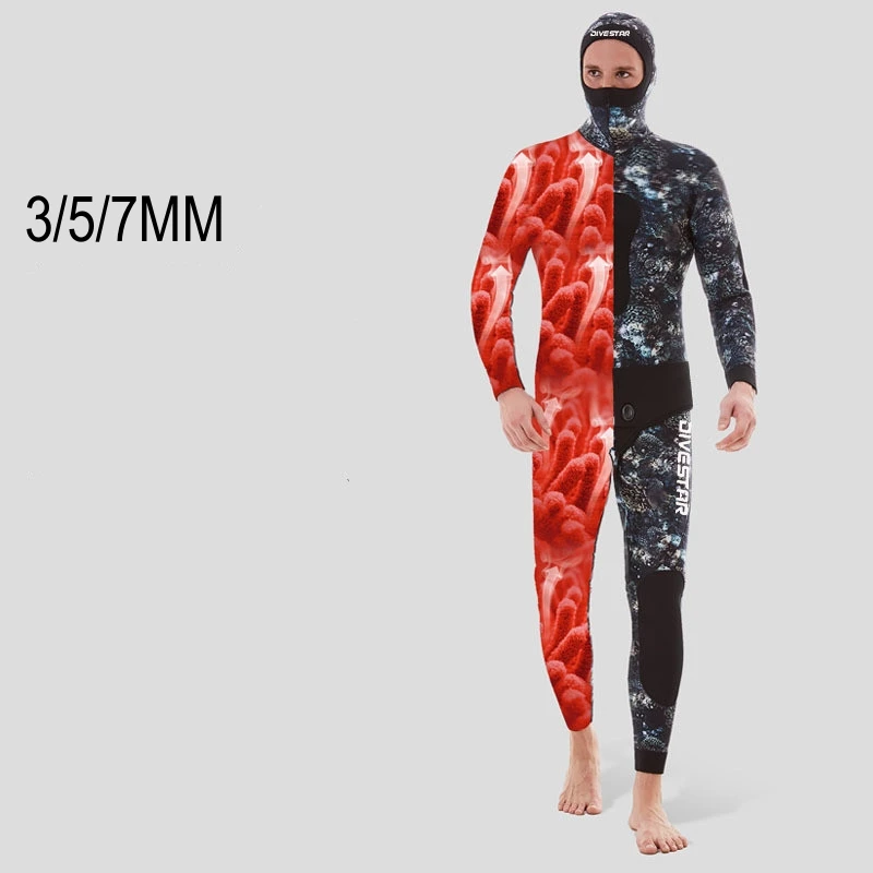 

3/5/7MM Neoprene 2Pcs UnderWater Hunting Snorkeling Spearfishing Hooded Diving Suit Scuba Keep Warm Kayaking Drift Swim WetSuit