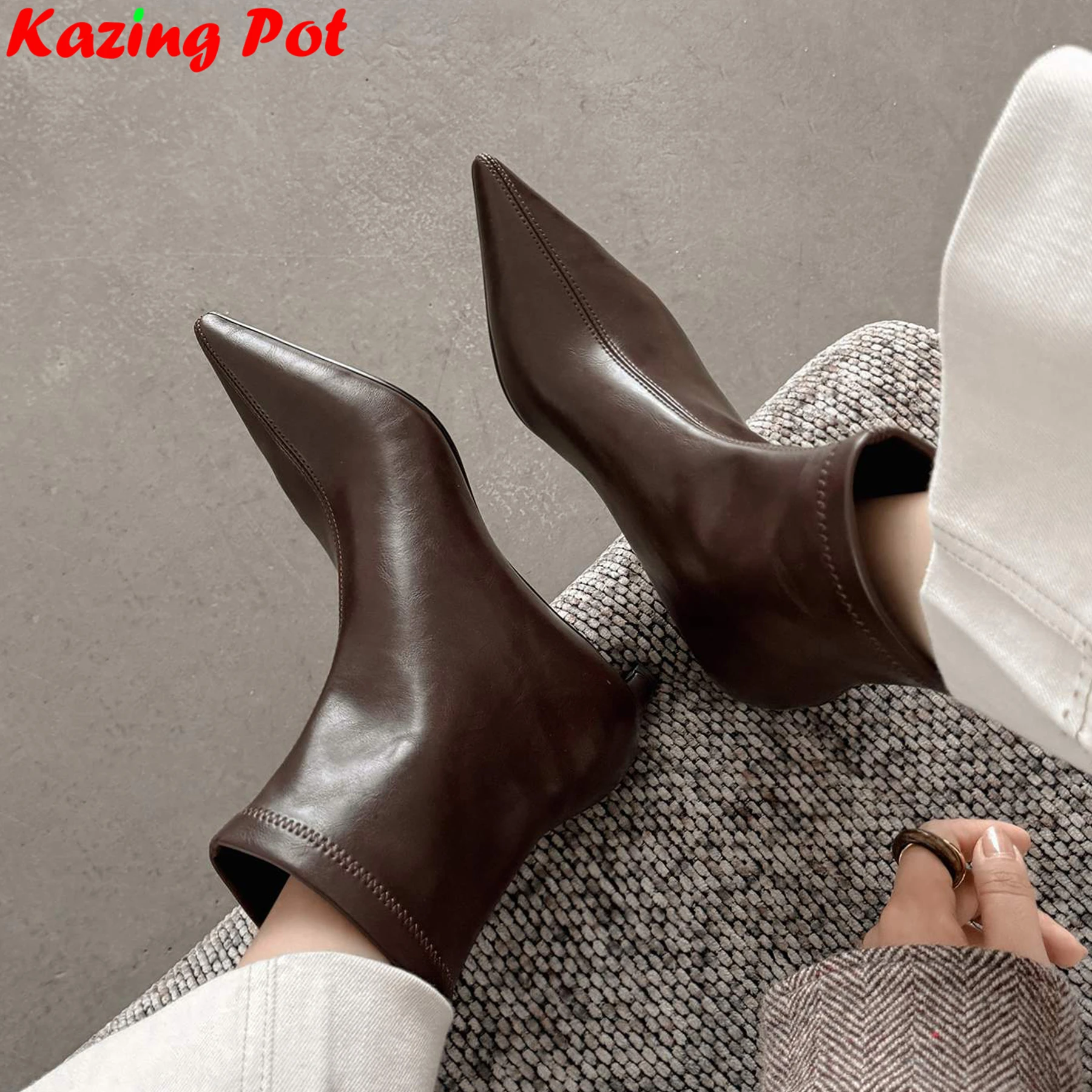 

Krazing Pot Microfiber Pointed Toe Med Heels Modern Stretch Boots Winter Autumn Vintage Wedding Party Fashion Women Ankle Boots
