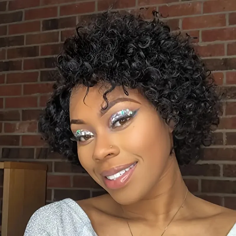 짧은 픽시컷 가발 곱슬머리 인모 가발 여성용 13x4x1 T파트 레이스 투명 딥 웨이브 레이스 가발 프리플럭