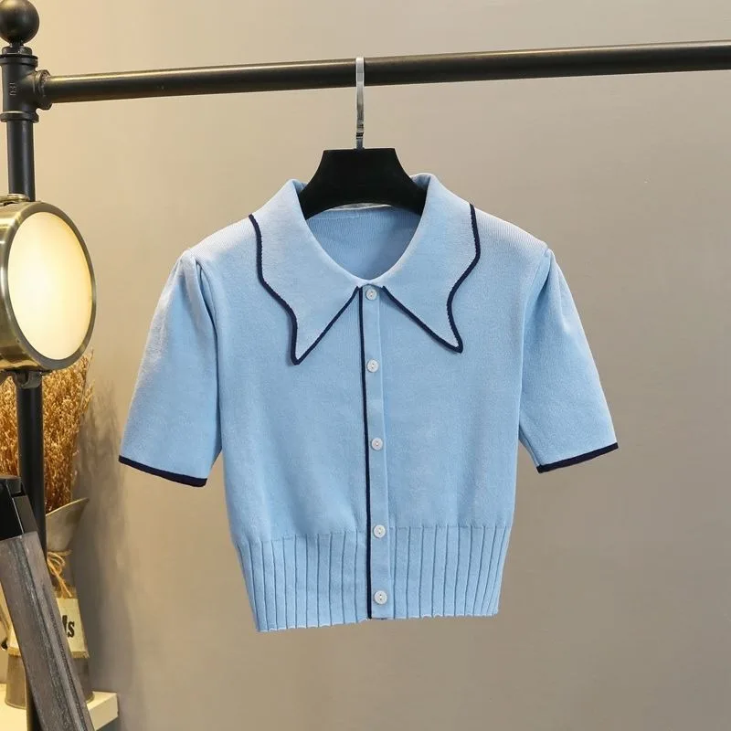 Summer Sweater Korean Fashion Style Contrast Single Solid Short Sleeve Knitted Cardigan Ice Silk Thin New Casual Female Tshirt