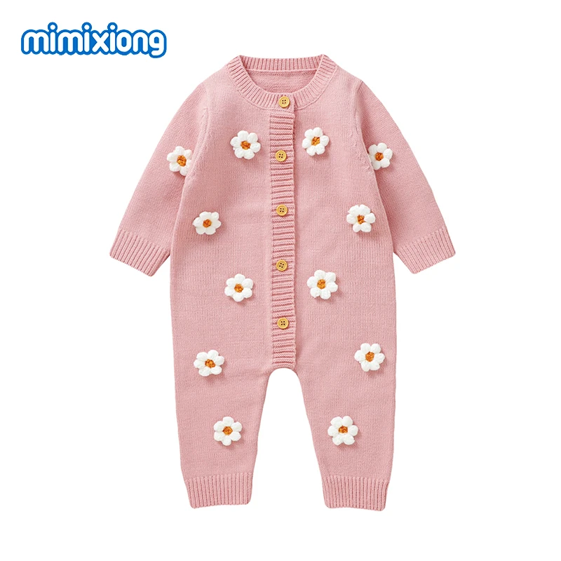 Baby Girls Rompers Knit Spring Pink Long Sleeve Newborn Infant Jumpsuits Playsuits One Piece Toddler Overall Kids Floral Clothes