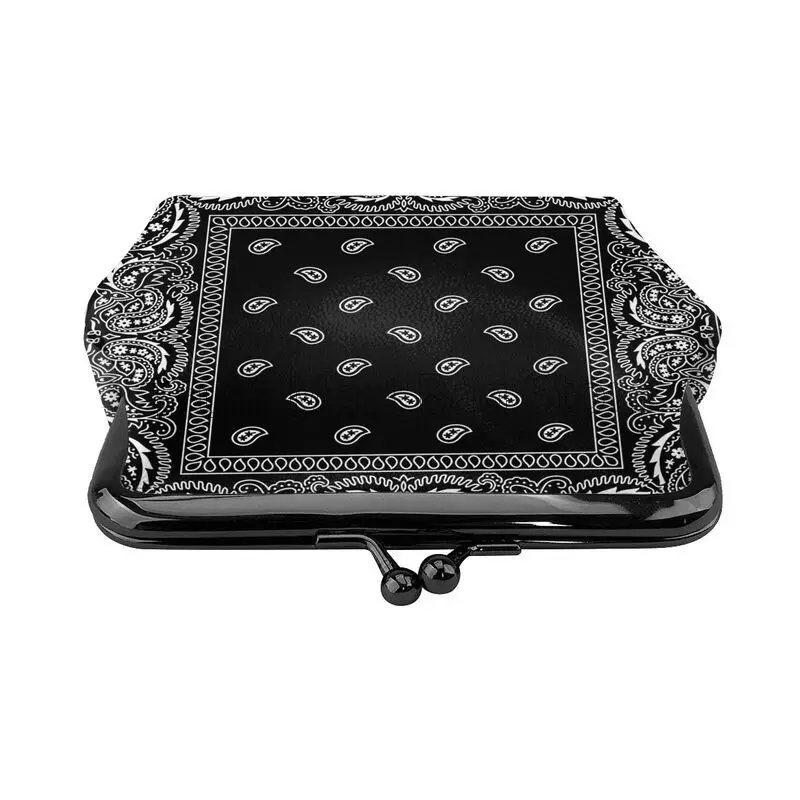 Colorful Paisley Black Bandanna Border Scarf White Mini Leather Coin Purse Pouch with Kiss-Lock Clasp Closure Buckle Wallet