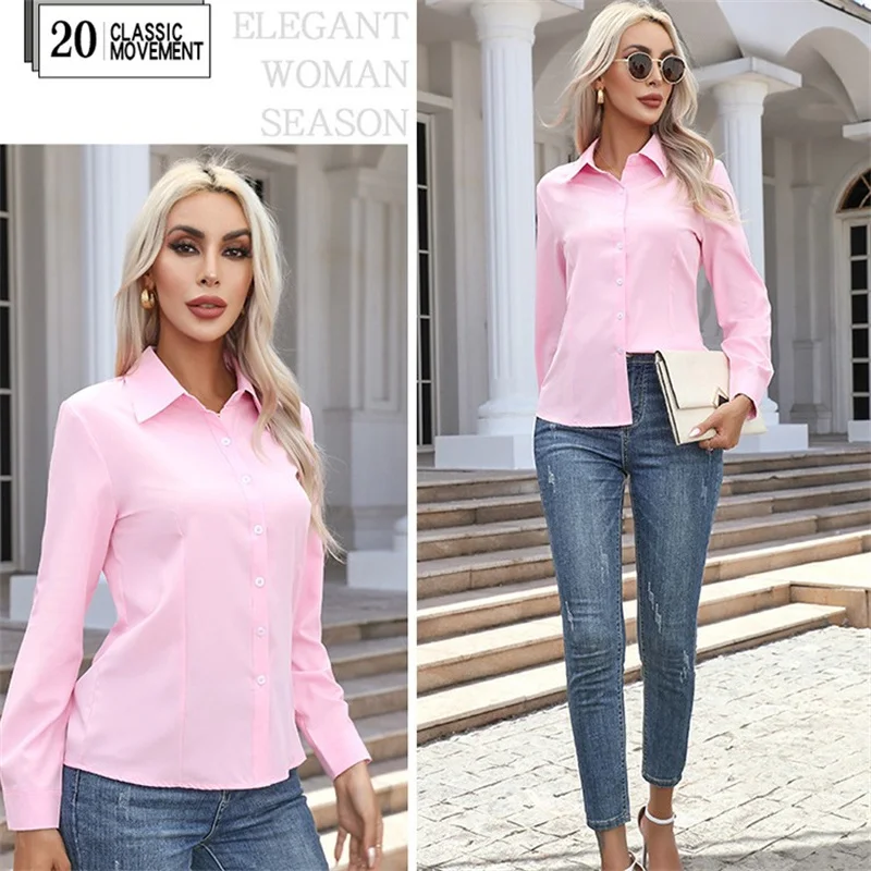 Women Spring Autumn Style Blouses Shirts Lady Casual Long Sleeve Turn-down Collar Solid Color Blouse Tops