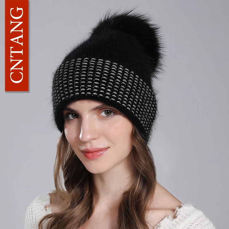 New Women Hat Winter Knitted Warm Angora Rabbit Fur Beanie With Silver Wire Removable Natural Raccoon Fur Pompom Hats For Female