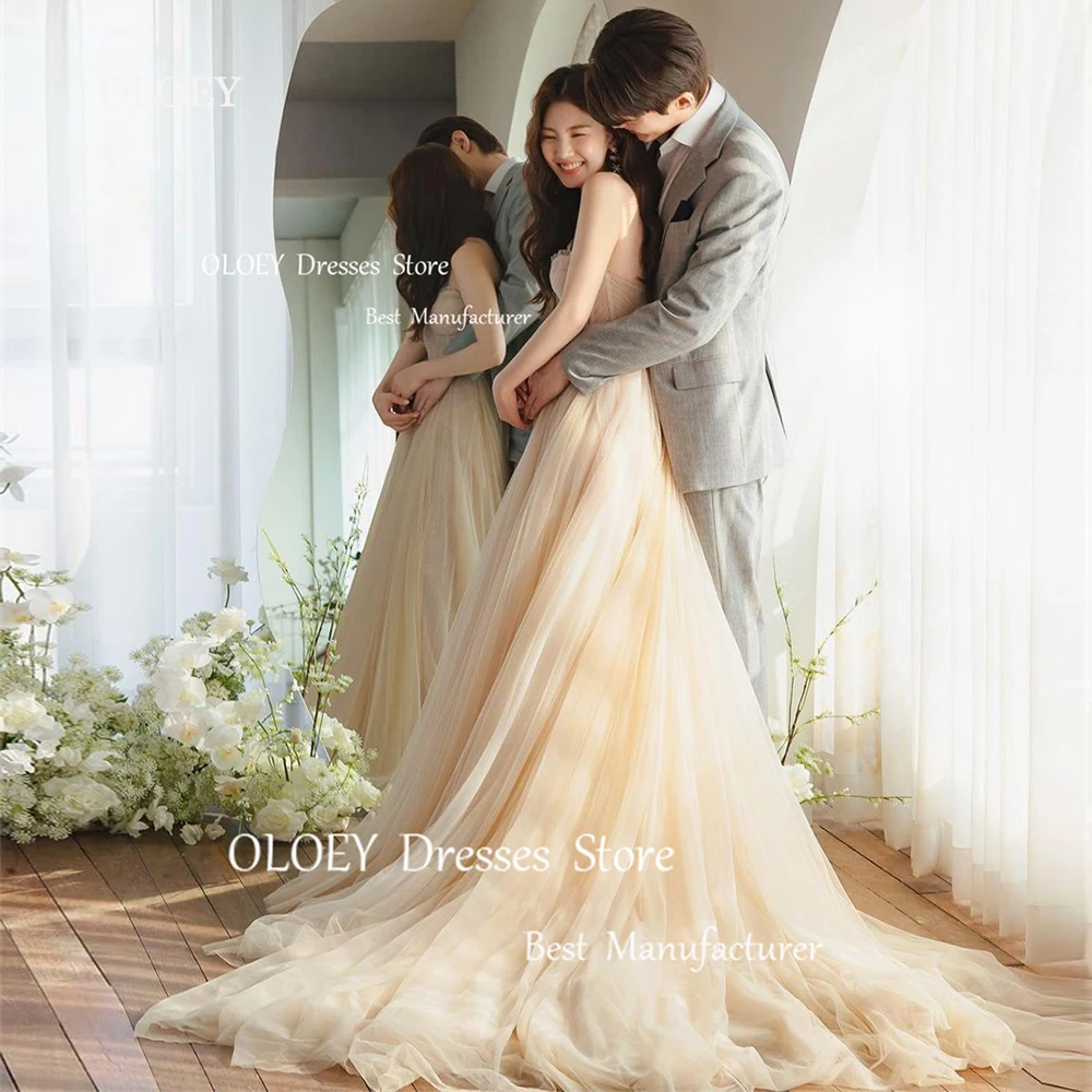 

OLOEY Elegant Strapless Prom Dresses Korea Wedding Photoshoot Silky Organza Sleeveless Sweep Train Floor Length Evening Dresses