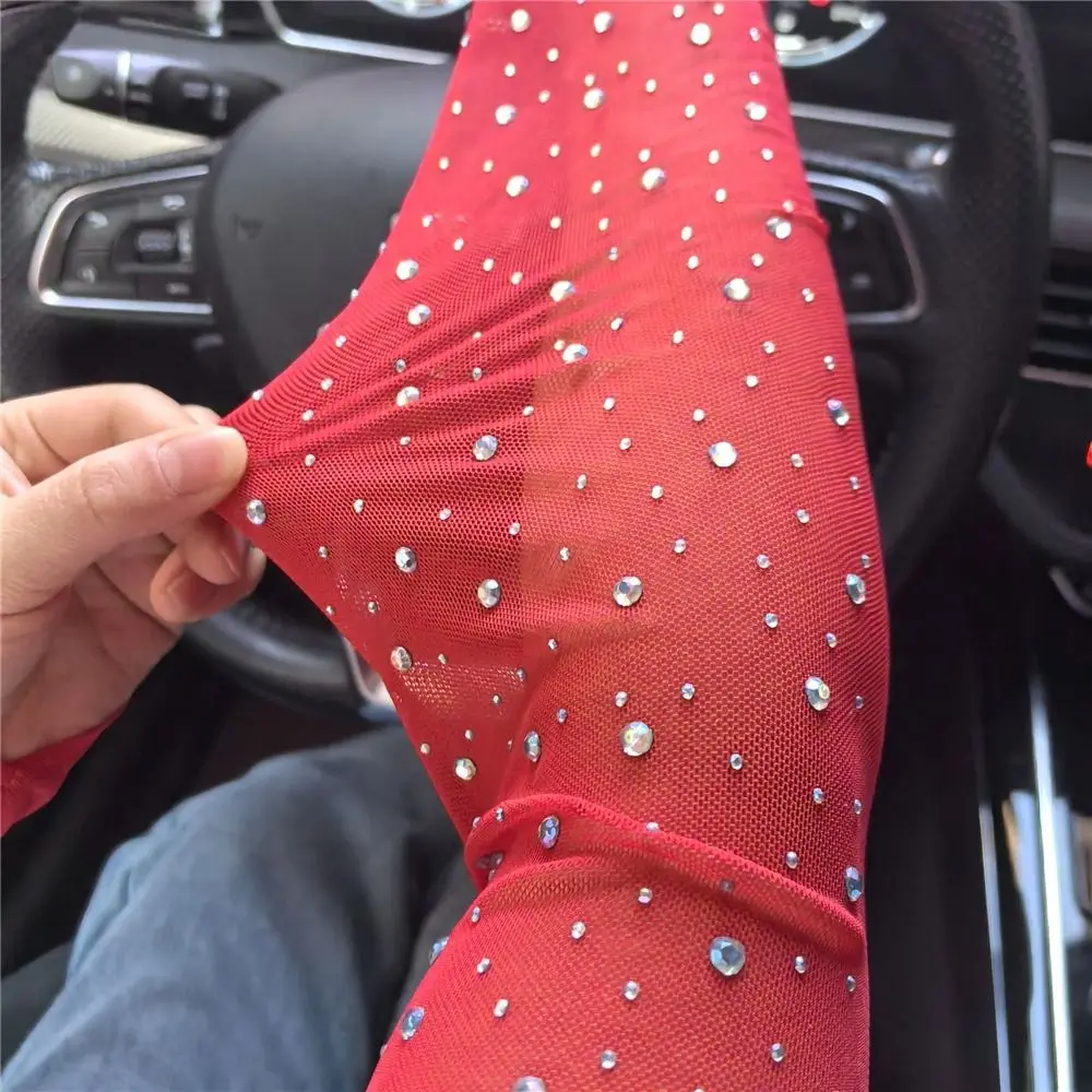 Fashionable Shiny Rhinestone Mesh Gloves Mesh Sheer Fingerless Gloves 42cm Arm Sleeves Party Costume Dancing Prom