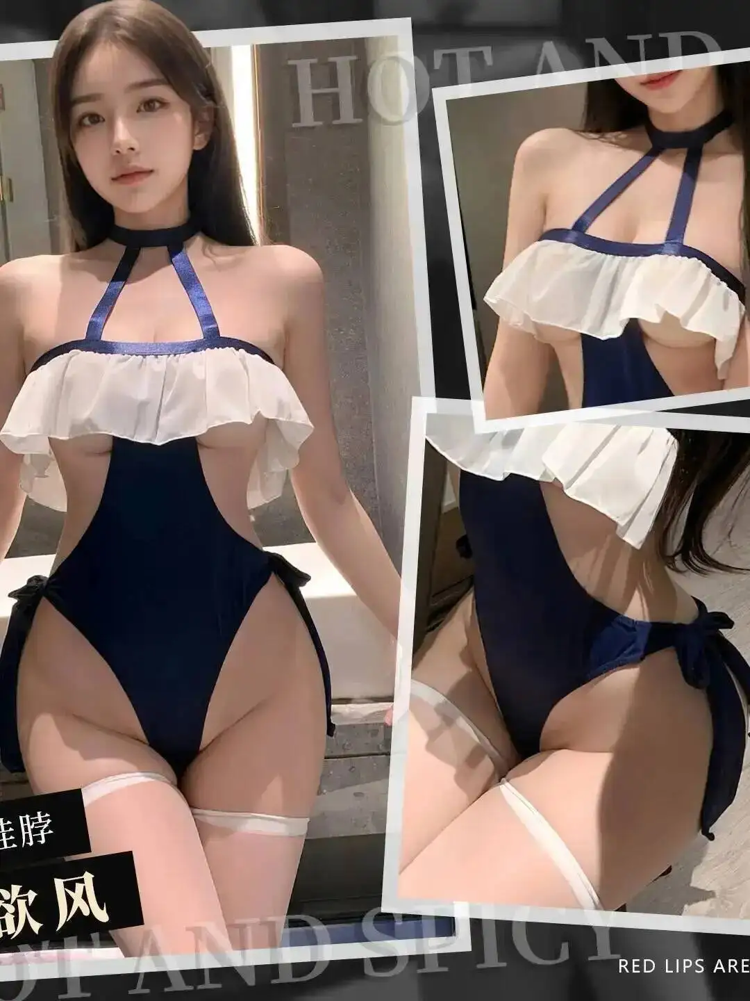 ชุดบอดี้สูทแบบเว้าอก สายคล้องคอ สไตล์เฟยมู เพียว ดีไซร์ โชว์เนินอก รุ่น FH9P