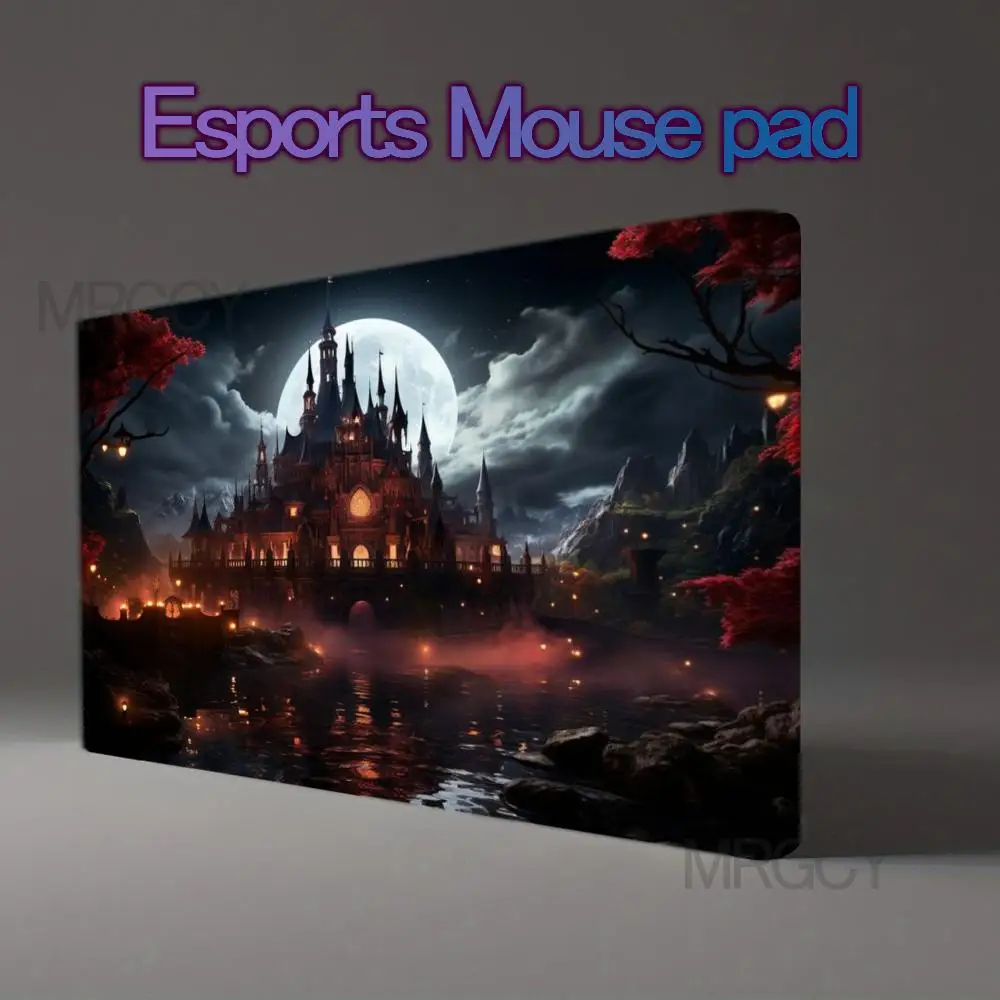 Misty Lake Gothic Castle Full Moon Fantasy Art Desk Mat, Waterproof Surface Stitched Edge Non-Slip Rubber Large Mouse Pad