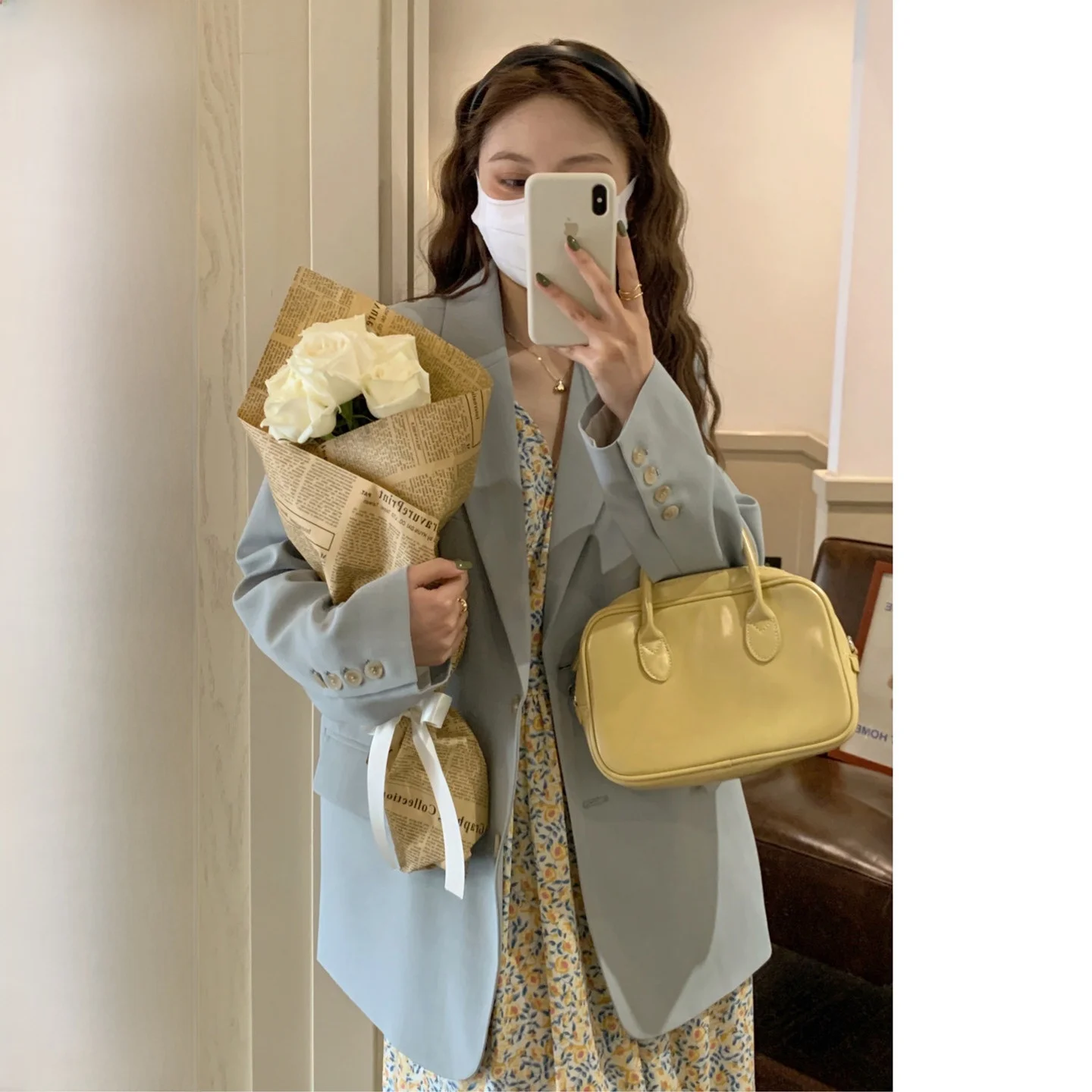 Miaohome Chongming Coast Koreaans Sle Blue damespak Jaet Faionable High-End Design Lente Seizoen Vrijetijdskleding