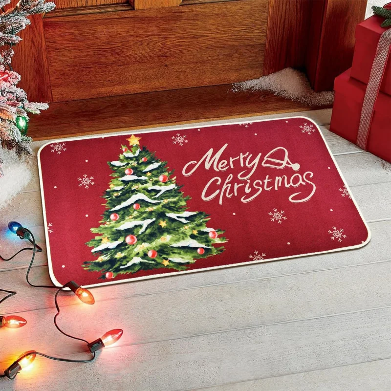 Merry Christmas doormat, Christmas tree pattern entrance non slip rubber doormat