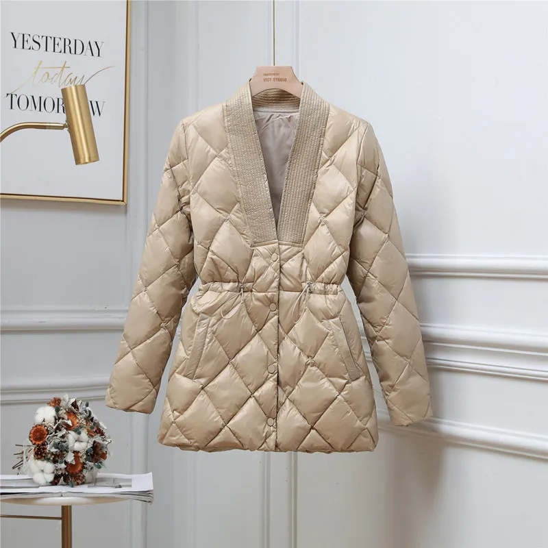 

Winter V Neck Diamond Lattice Drawstring Down Jacket Women Warm Thicken White Duck Down Coat Ladies Midi Long Parkas Outwears