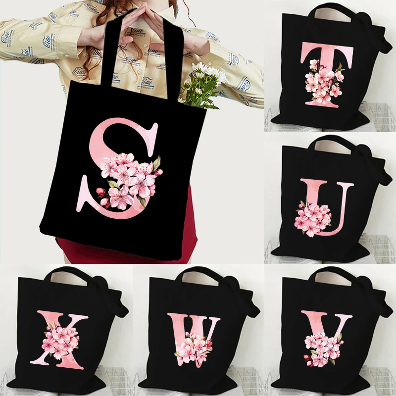 

Cherry Blossom Shoulder Bags Women Sakura Alphabet Collapsible Tote Bags Vintage Fashion Shopping Bags Casual Women's Handbags