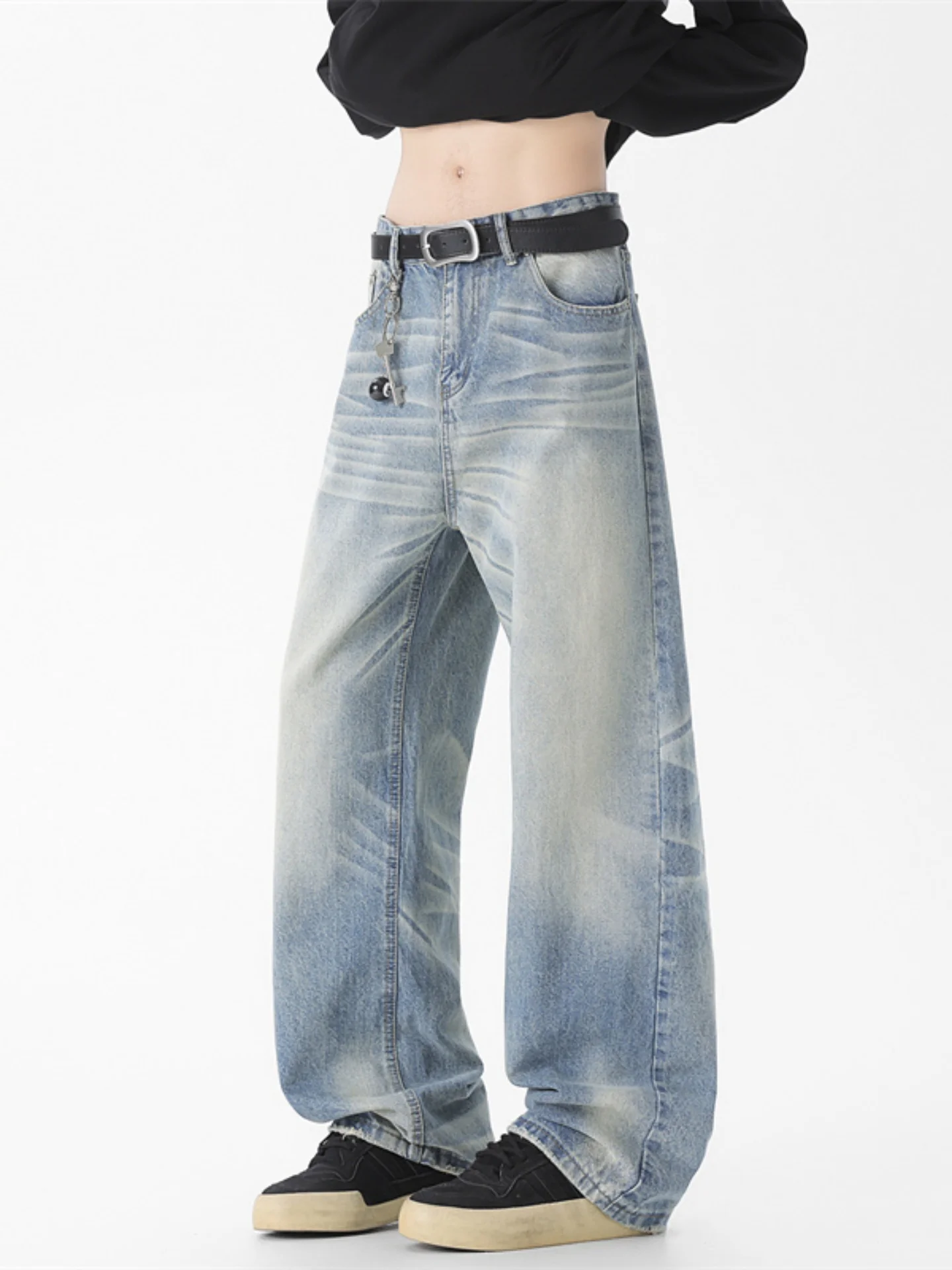 

Мужские джинсы в американском стиле, плотные, винтажные, с эффектом потертости, широкие прямые брюки, осенне-зимние, повседневные, модные