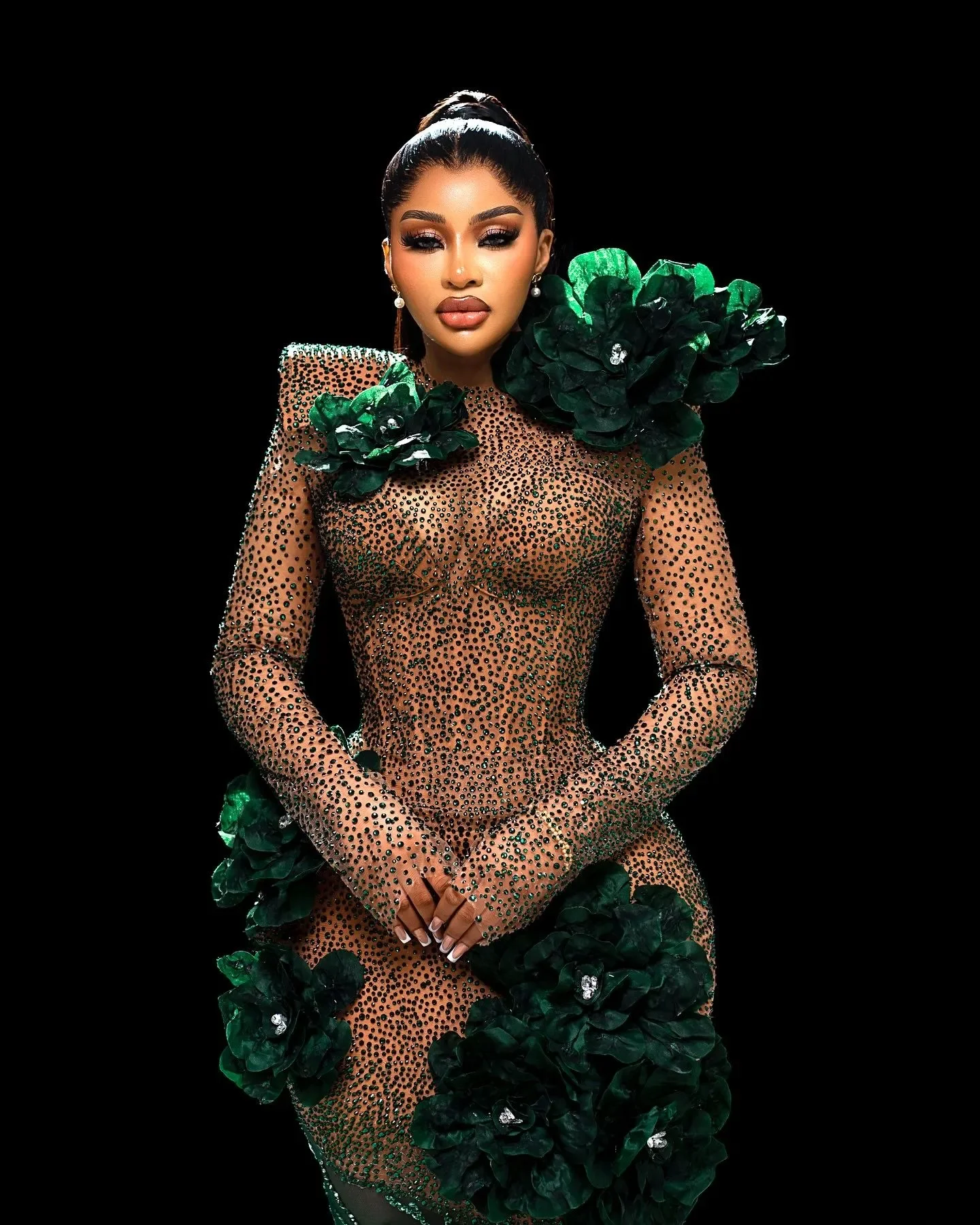Luxury Mermaid Prom Dress Crystals Floral Emerald Green Sequins Long Sleeves Formal Gowns Evening Dresses Beading Custom Made image 2