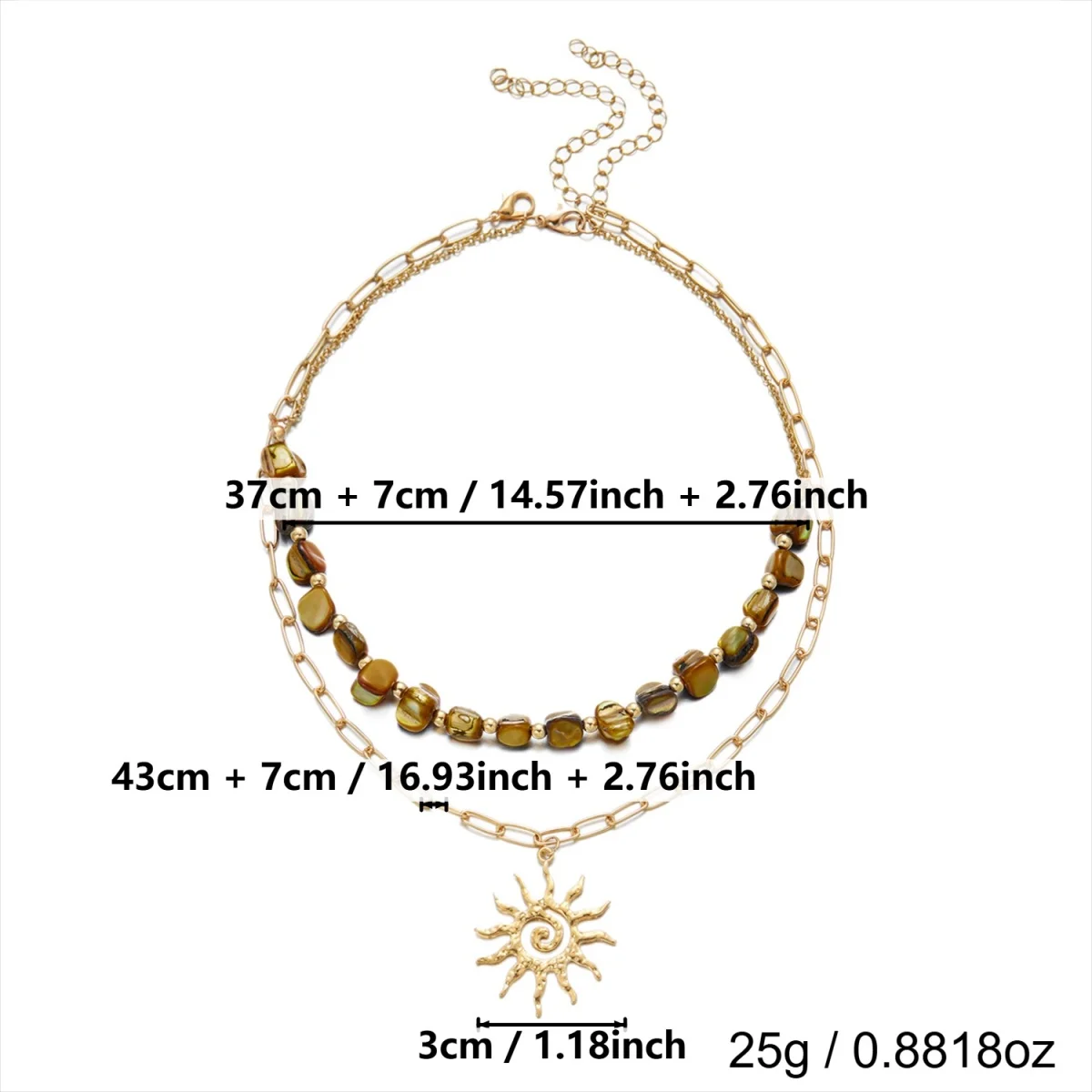 Retro-Halskette mit unregelmäßigen Muschelperlen in Maillard-Farben und Sonnenwirbel-Anhänger für Damen und Herren, doppellagige Sonnenblumen-Kette, Choker-Schmuck – Detail 29