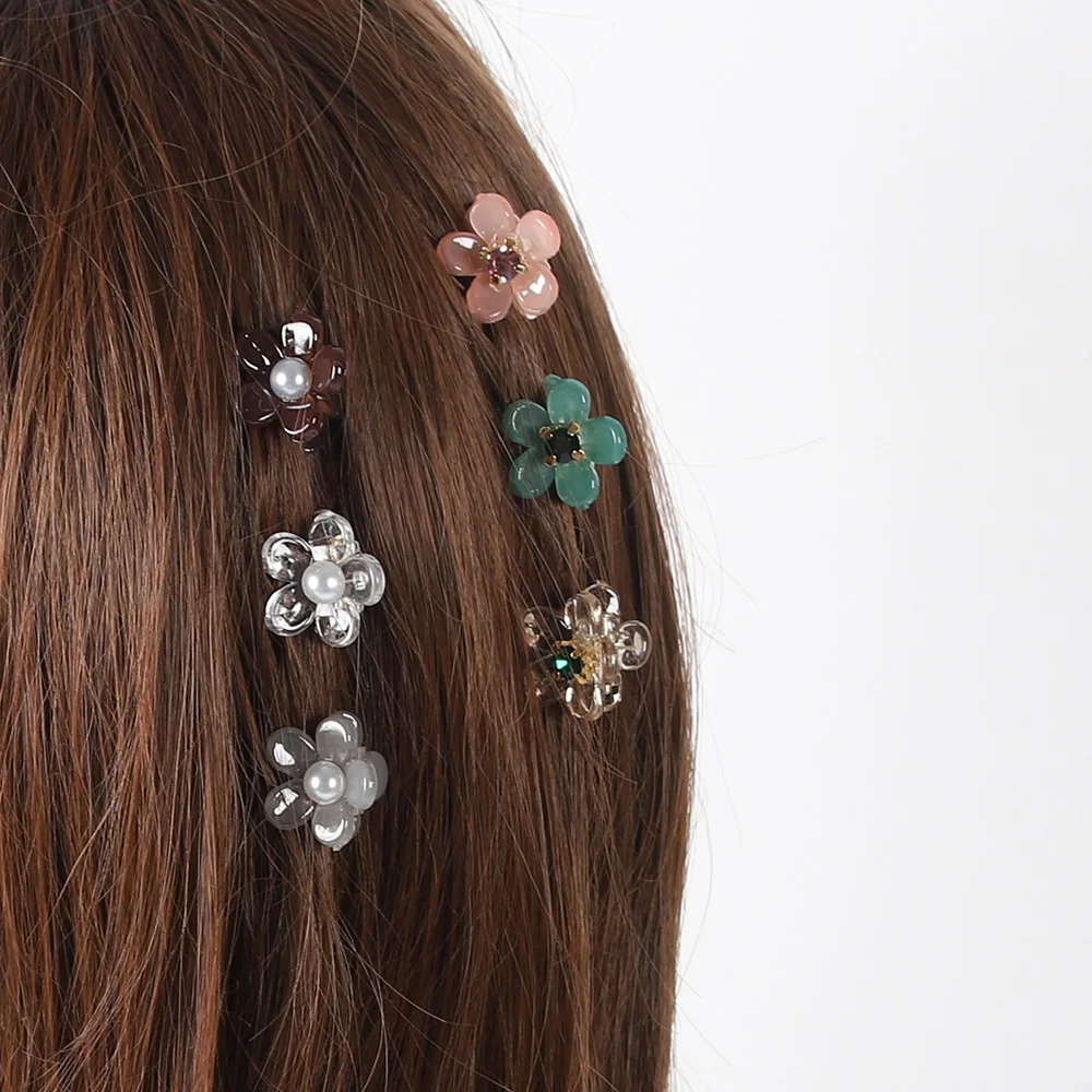 Pinzas pequeñas para el pelo con forma de flor para niña y mujer, accesorios para el cabello con diamantes de imitación, perlas, Mini cangrejo, 6