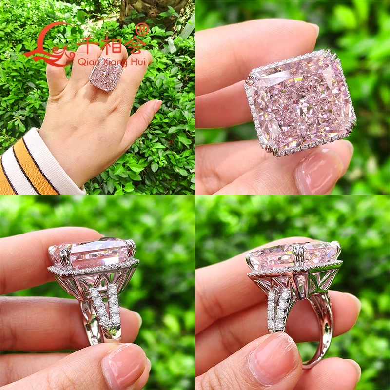 Yellow or pink Ice Cut Cubic Zirconia Rectangle Ring 18x20mm with Melee White Moissanite 925 Sterling Silver Jewelry Gift