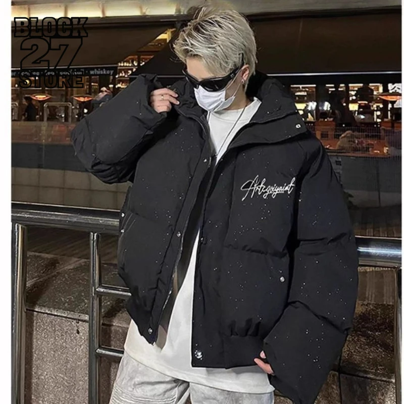 

Куртка-пуховик Harajuku со звездным принтом, мужская зимняя американская толстая теплая куртка, винтажная уличная одежда, свободная хлопковая верхняя одежда на пуху, новинка