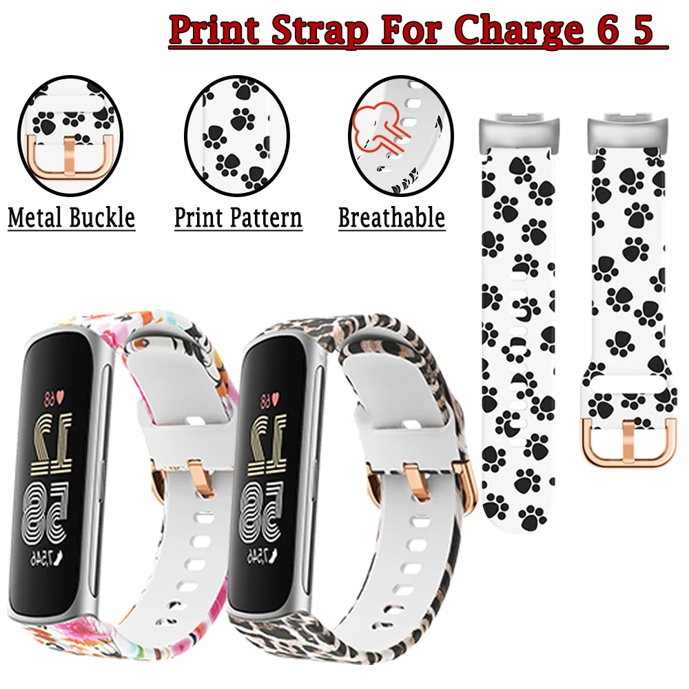 Силиконовый ремешок для Fitbit Charge 6 5, резиновая лента с принтом для Charge 5 6, спортивный дышащий сменный браслет для мужчин и женщин
