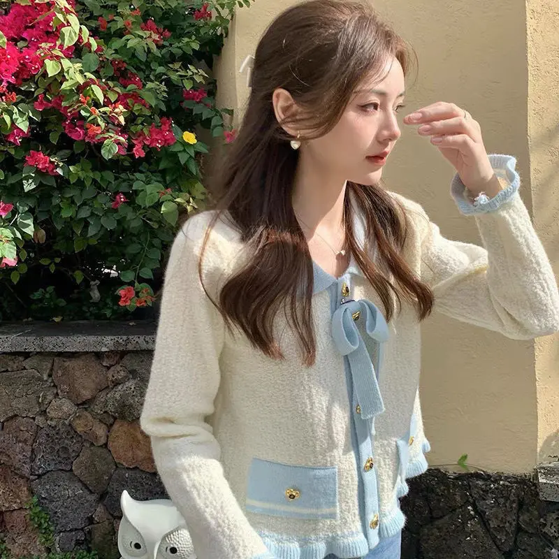 Wooden Ear Edge Color Contrast Bowknot Sweater Cardigan Women Autumn and Winter 2023 Foreign Small Fragrant Long Sleeve Cardigan