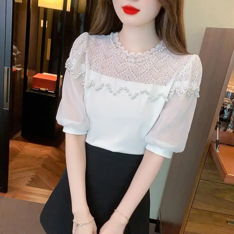 Fashion Ruffled Neck Lace Beading Puff Sleeve Blouses Women Clothing 2024 Summer New Loose Korean Tops Sweet Solid Color Shirts