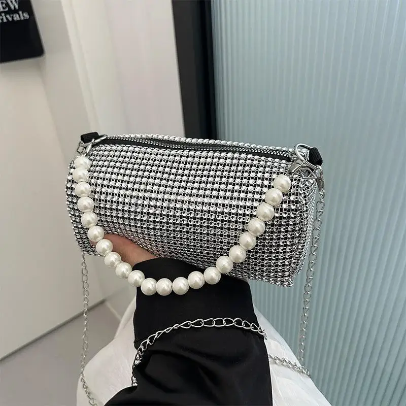 

Fashion Rhinestone Shoulder Bag Pearl Chain Bag Phone Pouch Zipper Crossbody Bag Or Women Handbag