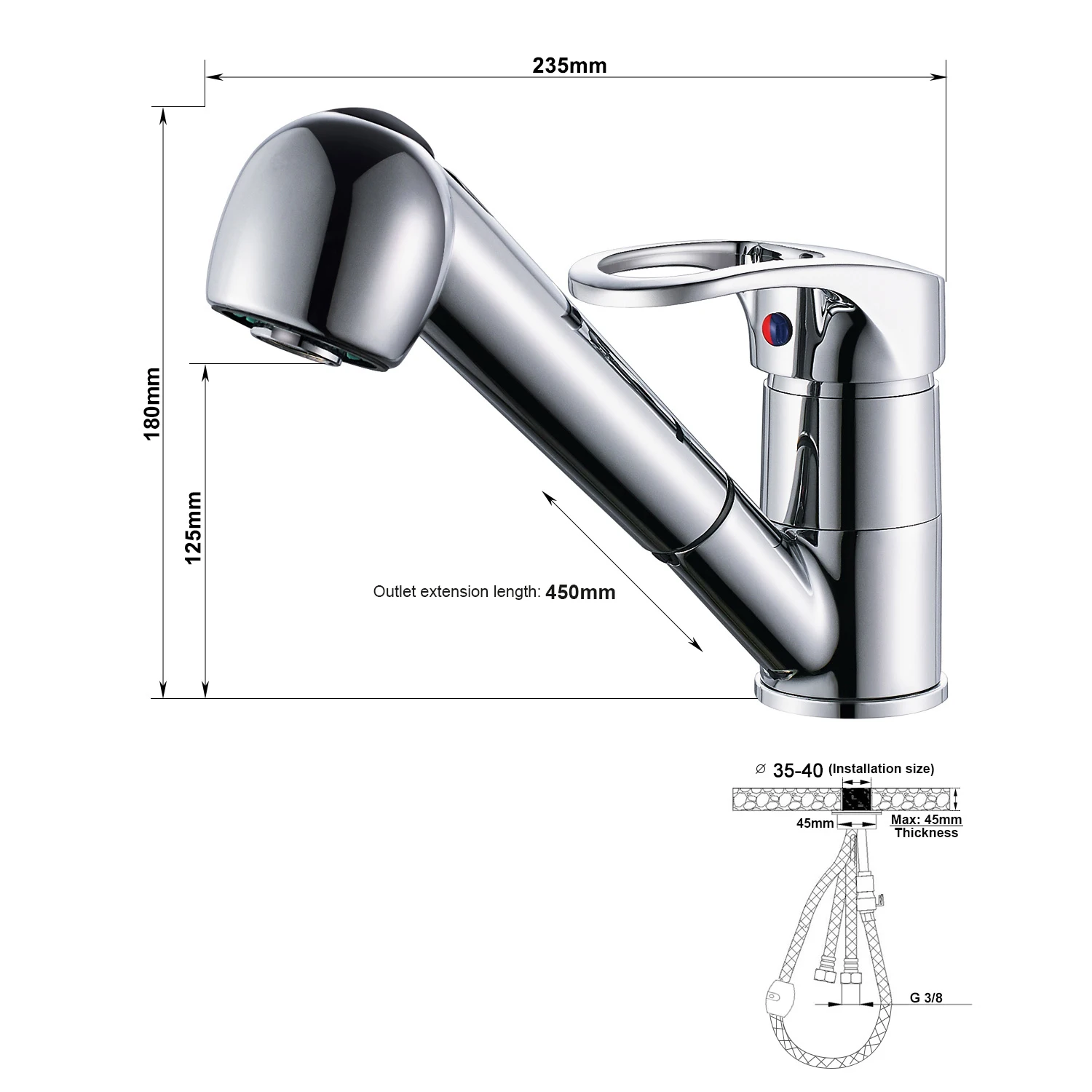 Verchromter Küchenarmatur, ausziehbarer Mischbatterie, 360° ° Schwenkbarer Wasserhahn aus Messing, Einhebelmischer für Warm- und Kaltwasser, 2 Sprühmodi – Detail 6