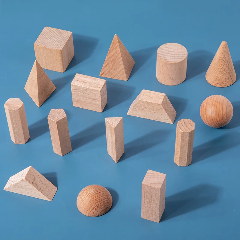 15pcs Big Wooden Geometry Shape Cognitive Toys 3D Wood Bricks Block Montessori Learning Educational Game Math Toy for Kids