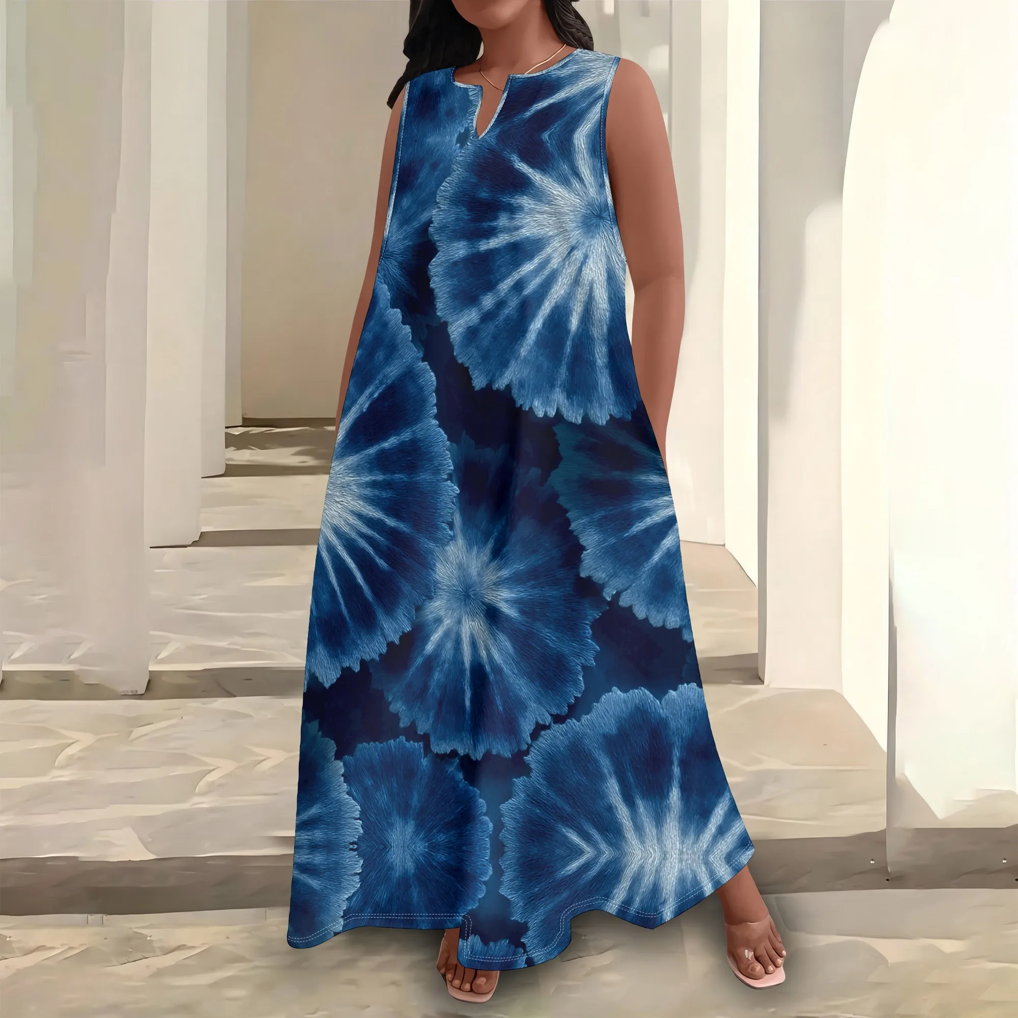 

Plus Size Women's Boho Tie-Dye Print Maxi Dress XL-6XL Sleeveless Keyhole Neck Loose Fit A-Line Sundress for Summer Vacation