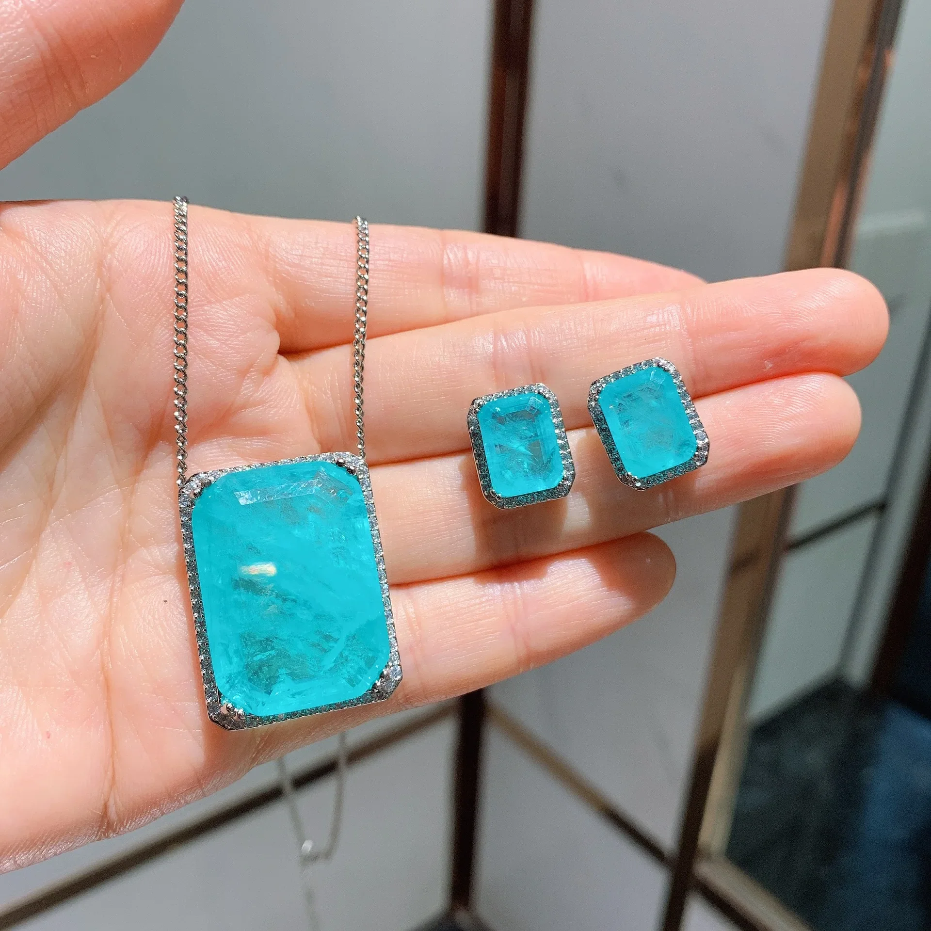 New Foreign Trade Diamond Imitation Palaiba Jewelry Set with Large Rectangle Pendant Earrings, Unique Fashion Personality