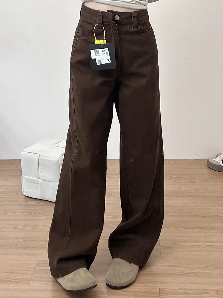 

Deep Coffee Straight Leg Jeans Women's Summer Design Slimming plus Size Loose American High Waist Wide Leg Pants