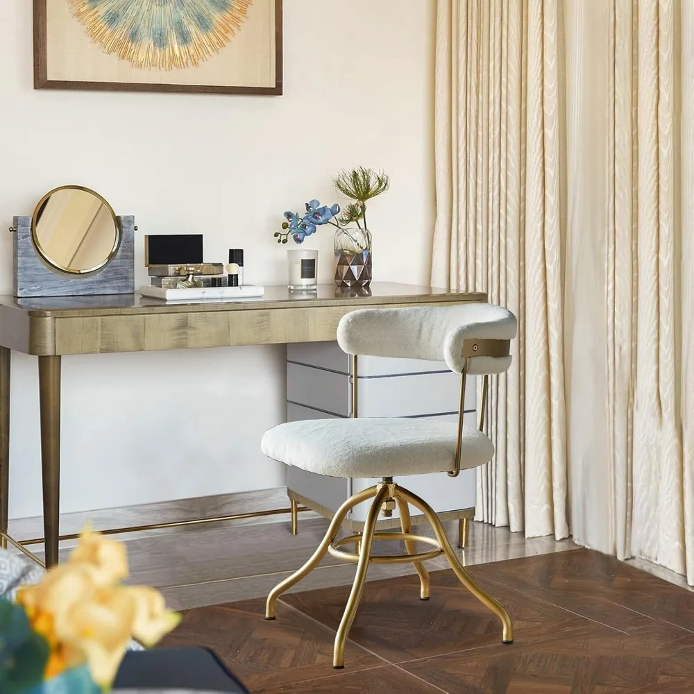Silla de escritorio clásica, asiento de tocador elegante, silla decorativa de piel sintética de felpa, silla tapizada giratoria versátil en blanco para dormitorios