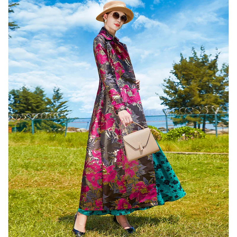 Luxury Women Autumn Winter Jacquard Coat Floral Double Breasted