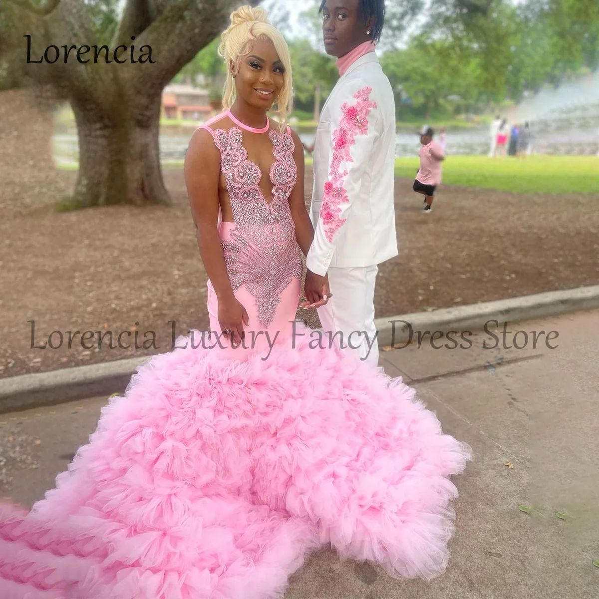 Vestidos de graduación de sirena de diamantes rosas para niñas negras, volantes, Sexy diamantes de imitación, vestidos formales para ocasiones, vestido de fiesta de boda de cristal