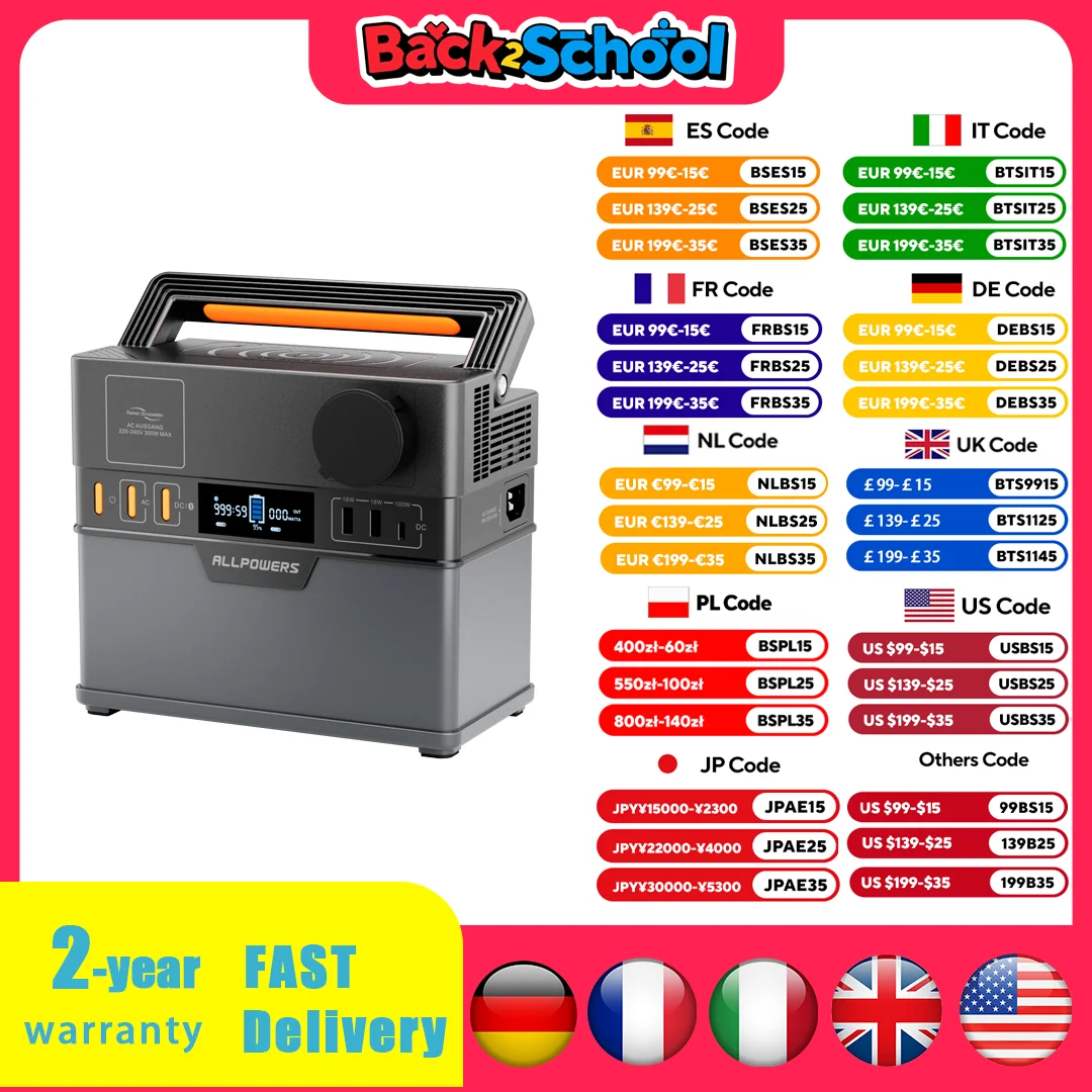 ALLPOWERS Centrale elettrica portatile 300 W (pico 500 W), alimentatore a batteria di backup da 288 Wh con prese CA 110 V / 220 V a onda sinusoidale pura