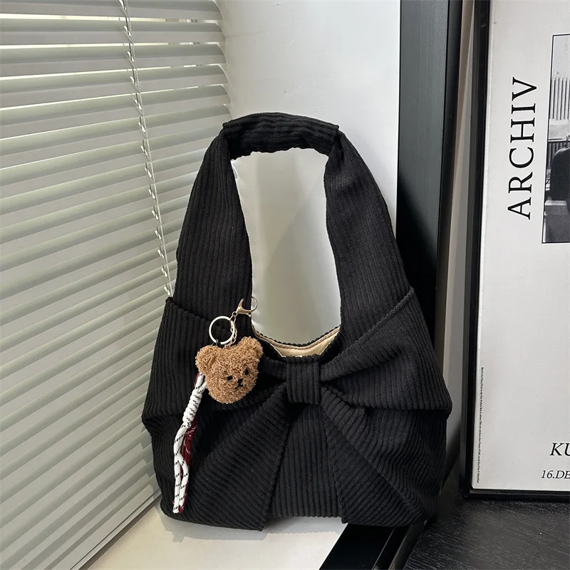 

Autumn Bow Design Corduroy Shoulder Bags for Women Solid Color Versatile Ladies Underarm Bag Simple Portable Female Handbag Tote