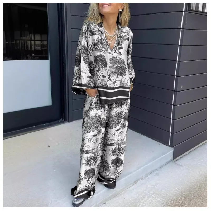 Spring And Autumn New Printed Flare Long Sleeve Shirt Women\'s Suit Casual Loose Pocket Wide Leg Pants Women\'s Clothing