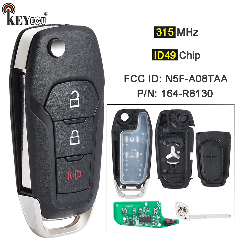 KEYECU 315MHz ID49 Chip N5F-A08TAA P/N: 164-R8130 Keyless Remote Key Fob for Ford F-150 F-250 Explorer Ecosport F450 2015-2023