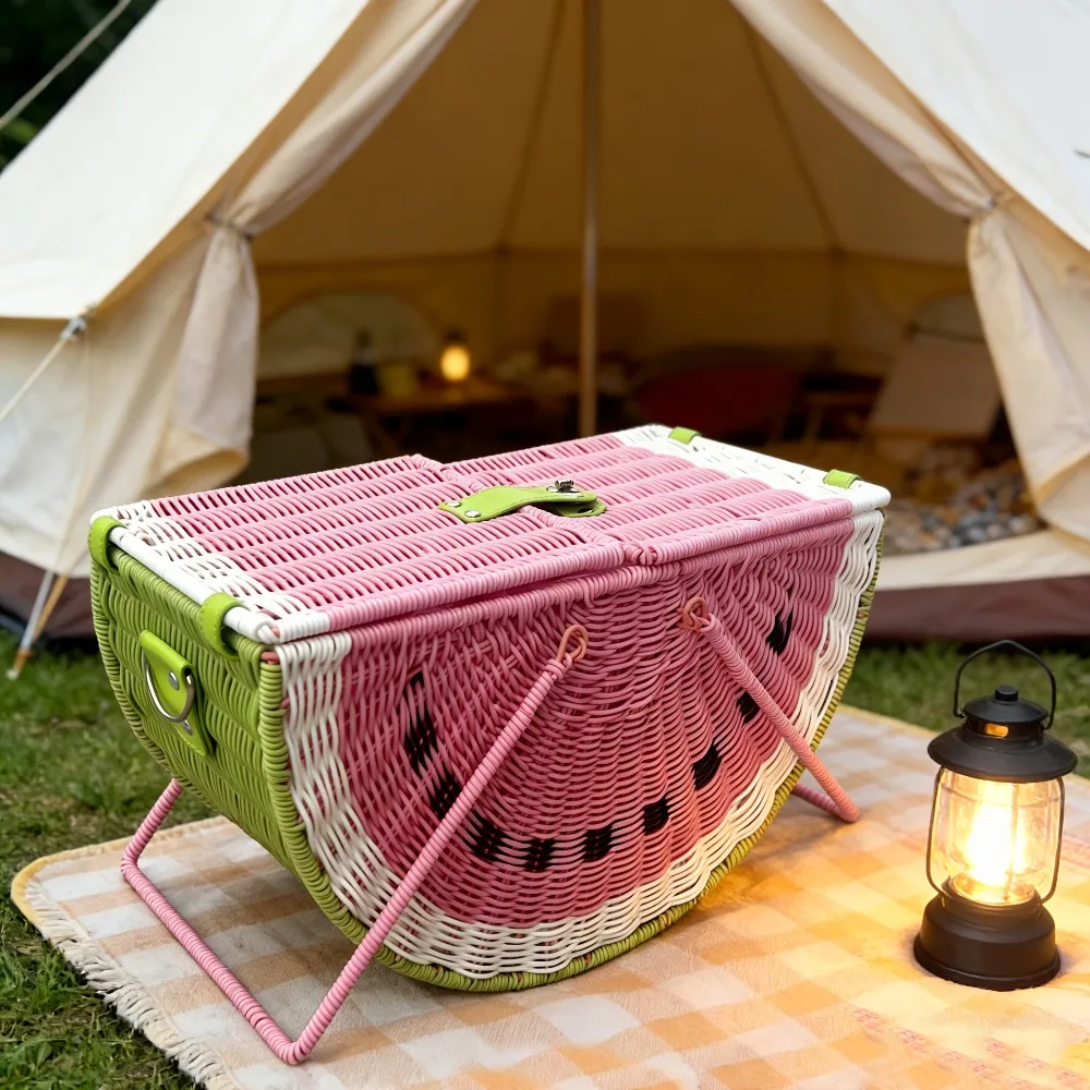 Picnic Basket Retro Watermelon Shaped Picnic Hamper Imitation Rattan Woven Storage Basket with Handle Large Capacity for Camping